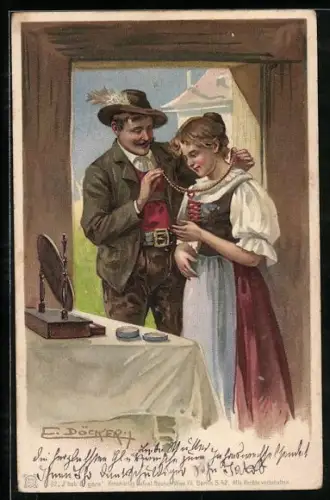 Künstler-AK E. Döcker: Mann schenkt Frau Halskette