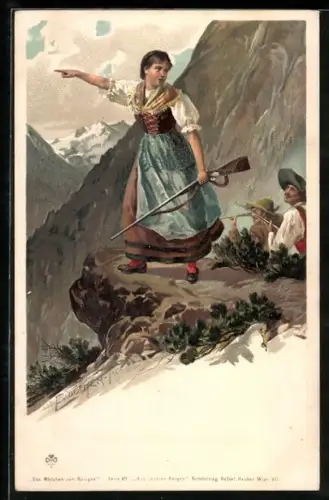 Künstler-AK E. Döcker: Tiroler Widerstandskämpferin mit Gewehr