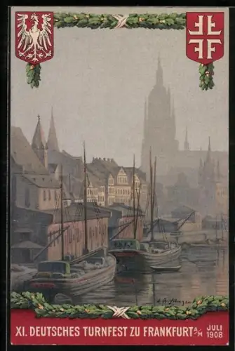 AK Frankfurt am Main, XI. Deutsches Turnfest Juli 1908, Wappen der Stadt und Turnerkreuz, Ortspartie am Flussufer