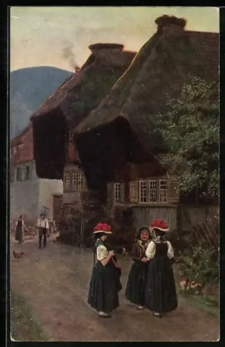 Künstler-AK H. Hoffmann: Frauen in traditioneller Tracht stehen in Dorfstrasse