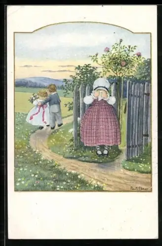 Künstler-AK Pauli Ebner: Weinendes Mädchen steht an einem Zaun, ein glückliches Paar läuft an ihr vorbei