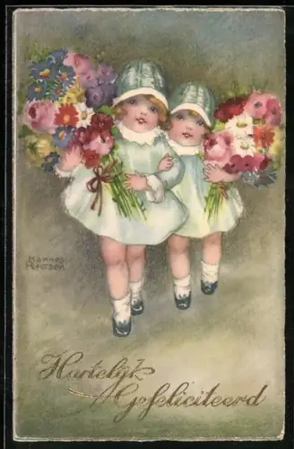 Künstler-AK Hannes Petersen: Zwei kleine Kinder mit bunten Blumensträussen