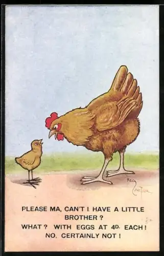 Künstler-AK Reg Carter: Please ma, can`t I have a little Brother?..., Hühner