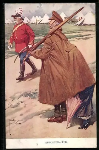 Künstler-AK Lawson Wood: Outgeneralled, Soldat versteckt eine Dame unter seinem Mantel