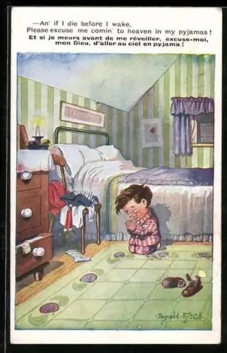 Künstler-AK Donald McGill: Kleiner Junge beim Abendgebet