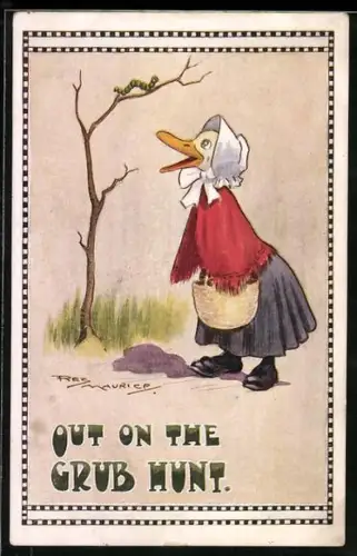 Künstler-AK Maurice: Out on the Grub Hunt, Frau Gans sieht eine Raupe