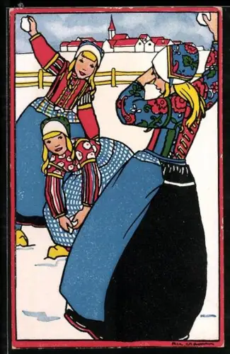 Künstler-AK Rie Cramer: Mädchen führen eine Schneeballschlacht