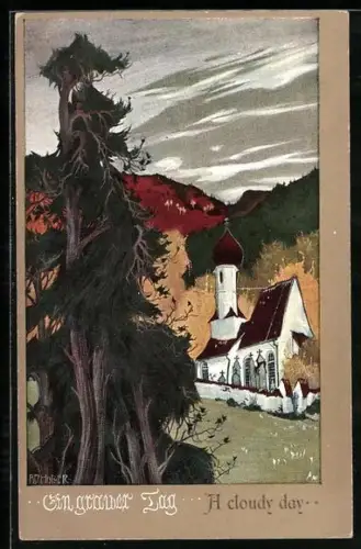 Künstler-AK sign.: Adalbert Holzer: Grauer Tag am Kirchlein