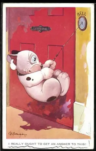 Künstler-AK George Ernest Studdy: Bonzo zieht an der Klingel einer Tür, I really ought to get an answer to this