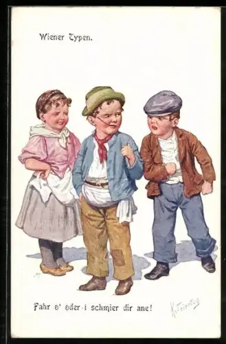 Künstler-AK Karl Feiertag: Junge droht einem anderen Prügel an