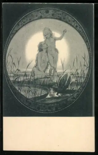 Künstler-AK Fidus: Vom Himmel, Nacktes Pärchen auf Seerose stehend