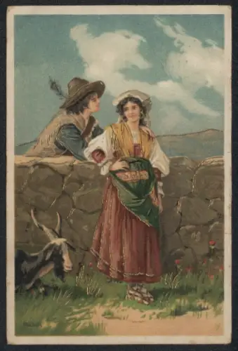 Künstler-AK Alfred Mailick: Liebespaar an der Mauer, südländische Ziegenhirten