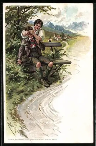 Künstler-AK E. Döcker: Frau hält die Augen ihres Mannes zu