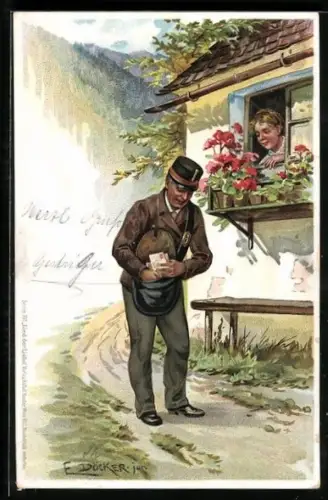 Künstler-AK E. Döcker: Der Briefträger bringt die Post zum Häuschen in den Bergen