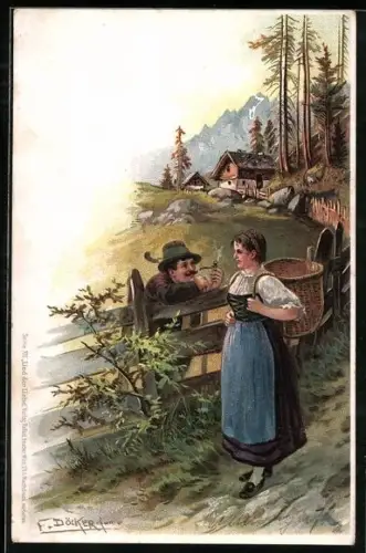 Künstler-AK E. Döcker: Frau mit Korb auf dem Rücken und Mann mit Pfeife