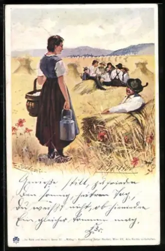 Künstler-AK E. Döcker: Gespräch bei der Kornernte