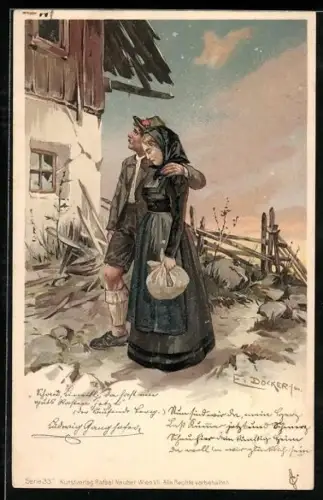 Künstler-AK E. Döcker: Mann und Frau in Tracht stehen vor zerstörter Berghütte