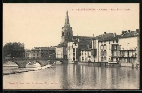 AK Saint-Girons, Clocher Rive gauche et pont sur la rivière