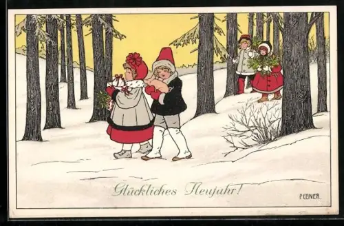 Künstler-AK Pauli Ebner: Glückliches Neujahr!, Kinder mit Geschenken im Schnee