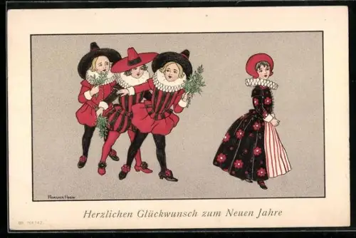 Künstler-AK Florence Hardy: Vier Mädchen in tollen Kostümen mit Mistelzweigen