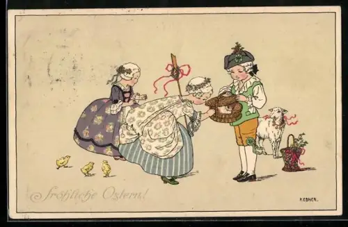 Künstler-AK Pauli Ebner: Kleiner Kavalier mit Kaninchen im Körbchen als Geschenk