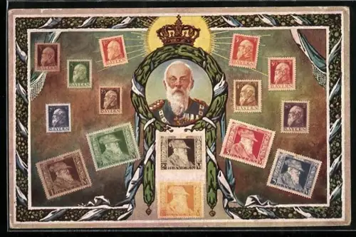 AK Bayerische Briefmarken und Prinzregent Luitpold