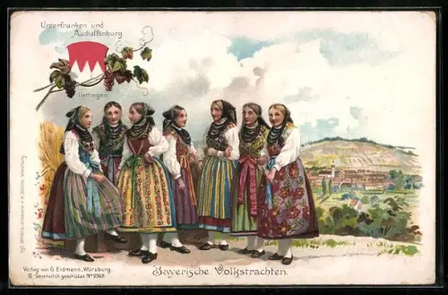 Lithographie Uettingen, Frauen in Tracht mit Wappen