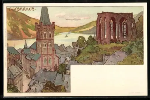 Künstler-AK Franz Hein: Bacharach, Ortsansicht mit Kirche & Ruine