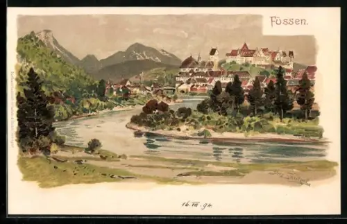 Künstler-AK Otto Strützel: Füssen, Totalansicht mit Lech