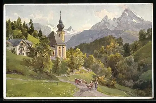 Künstler-AK Edward Theodore Compton: Cern gegen Watzmann, Bäuerin mit Kühen