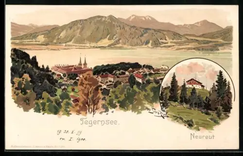 Künstler-AK Otto Strützel: Neureut am Tegernsee, Teilansicht und Ortspartie