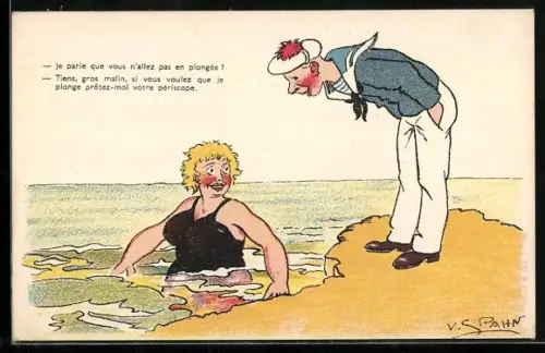 Künstler-AK V. Spahn: Frau badet im wasser während sie von einem Jungen angesprochen wird