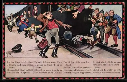 Künstler-AK Hans Boettcher: Auf de schwäbische Eisebahne, Fahrgäste finden den Ziegenkopf am Zugende