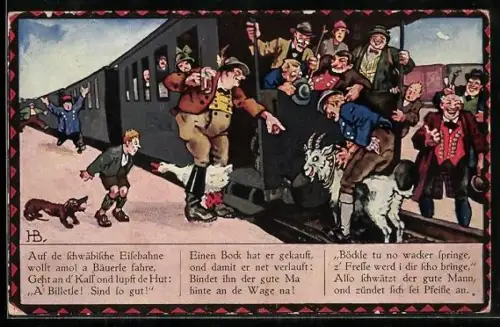 Künstler-AK Hans Boettcher: Auf de schwäbische Eisebahne, Geissbock steht auf den Gleisen