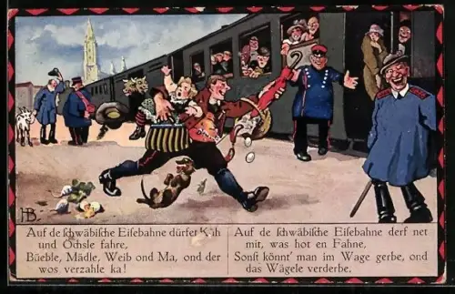Künstler-AK Hans Boettcher: Schwäbische Eisenbahn, Mann hat es eilig, den Zug zu erreichen