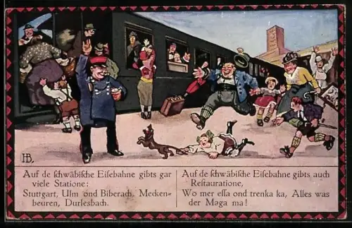 Künstler-AK Hans Boettcher: Die schwäbischen Eisenbahn, Bürger stürmen zur Eisenbahn