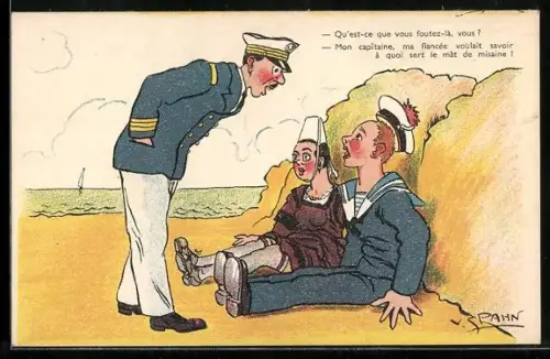 Künstler-AK V. Spahn: Französischer Matrose mit seiner Liebsten wird vom Offizier ertappt