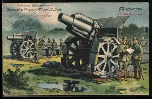 Künstler-AK Soldaten mit deutschem 21cm Mörser Batterie