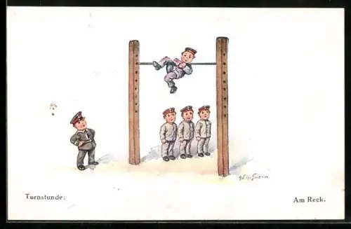 Künstler-AK Ad. Hoffmann: Junge als Soldat turnt am Reck