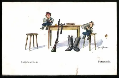 Künstler-AK Ad. Hoffmann: Soldatenleben, junge Soldaten zur Putzstunde