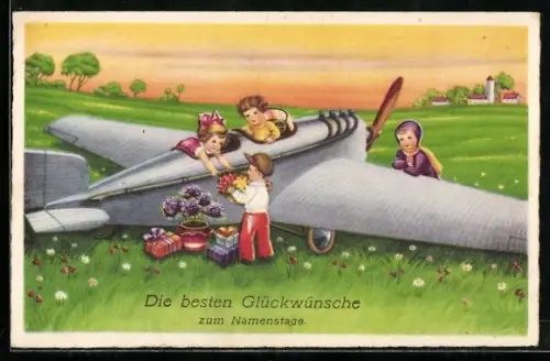 Künstler-AK Flugzeug wird mit Blumen beladen