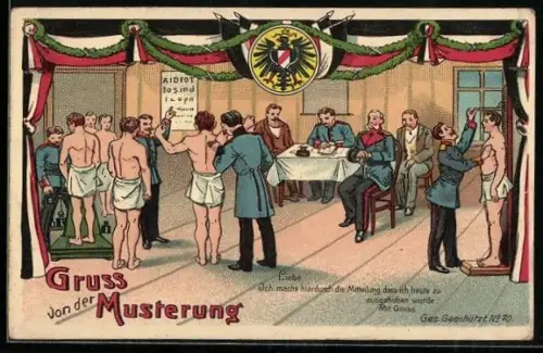 AK Vormusterung von potentiellen Soldaten, Gruss von der Musterung