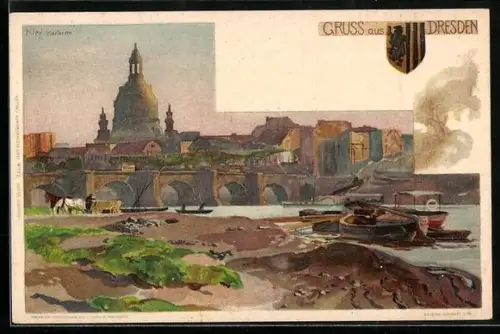 Künstler-Lithographie Heinrich Kley: Dresden, Elbpartie mit Frauenkirche