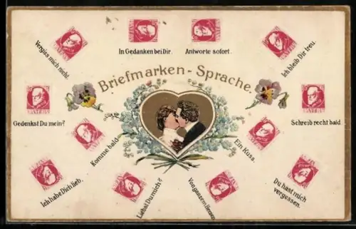 AK Briefmarkensprache mit Briefmarken aus Bayern, Liebespaar beim Kuss