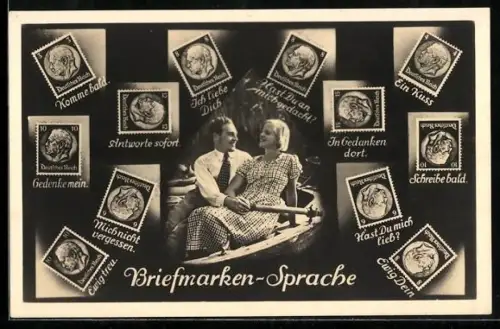 AK Briefmarkensprache, Liebespaar sitzt im Ruderboot