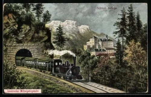 Künstler-AK Innsbruck, Innsbrucker Mittelgebirgsbahn mit Schloss Amras