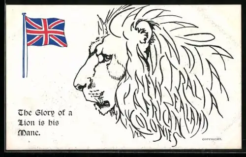 AK Löwe im Profil mit Union Jack, The Glory of a Lion is his mane, Propaganda Entente