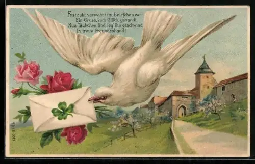 AK Brieftaube vor Stadtkulisse bringt Namenstagsgruss