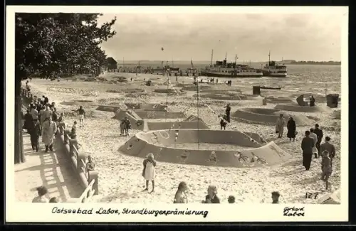 AK Laboe, Strandburgenprämierung 1953, Sandburgen, Dampfer