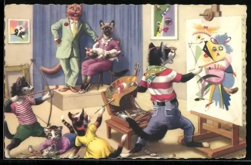 AK Katzen üben sich im künstlerischen Malen